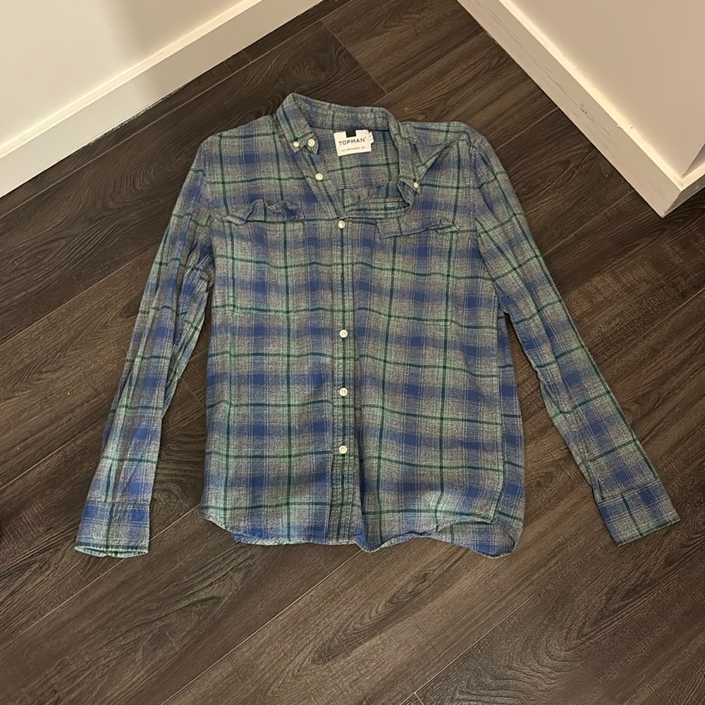 Topman Blue and Green Plaid Casual Button Down Shirt